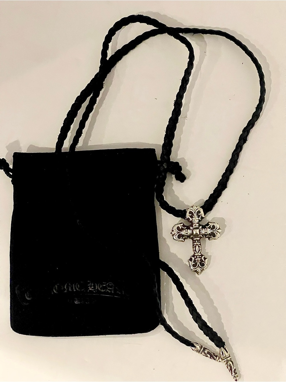 Chrome Hearts 925 Silver Cross and tips with Black Velvet Drawstring Pouch